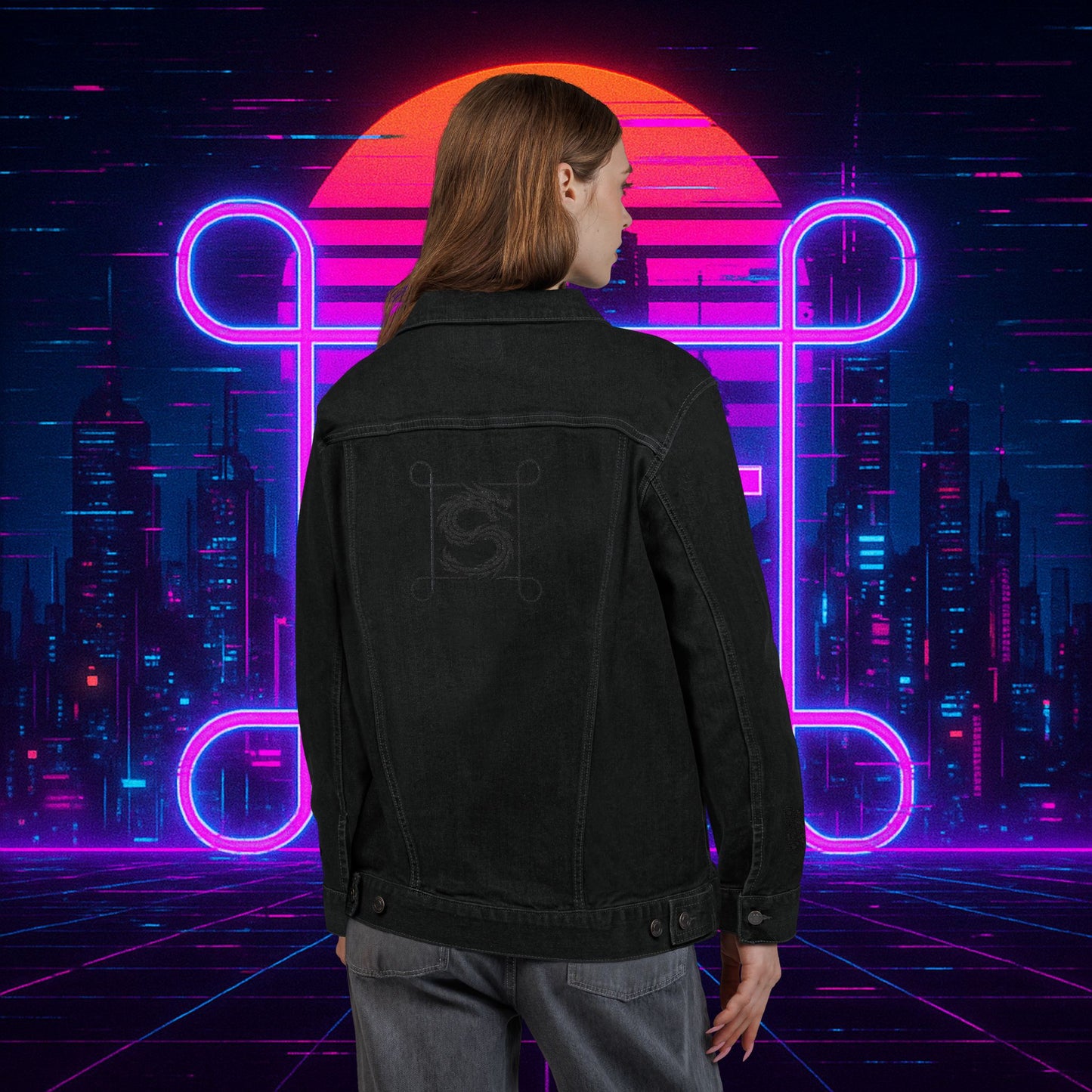 Black Embroidered Street Dragon Unisex Denim Jacket