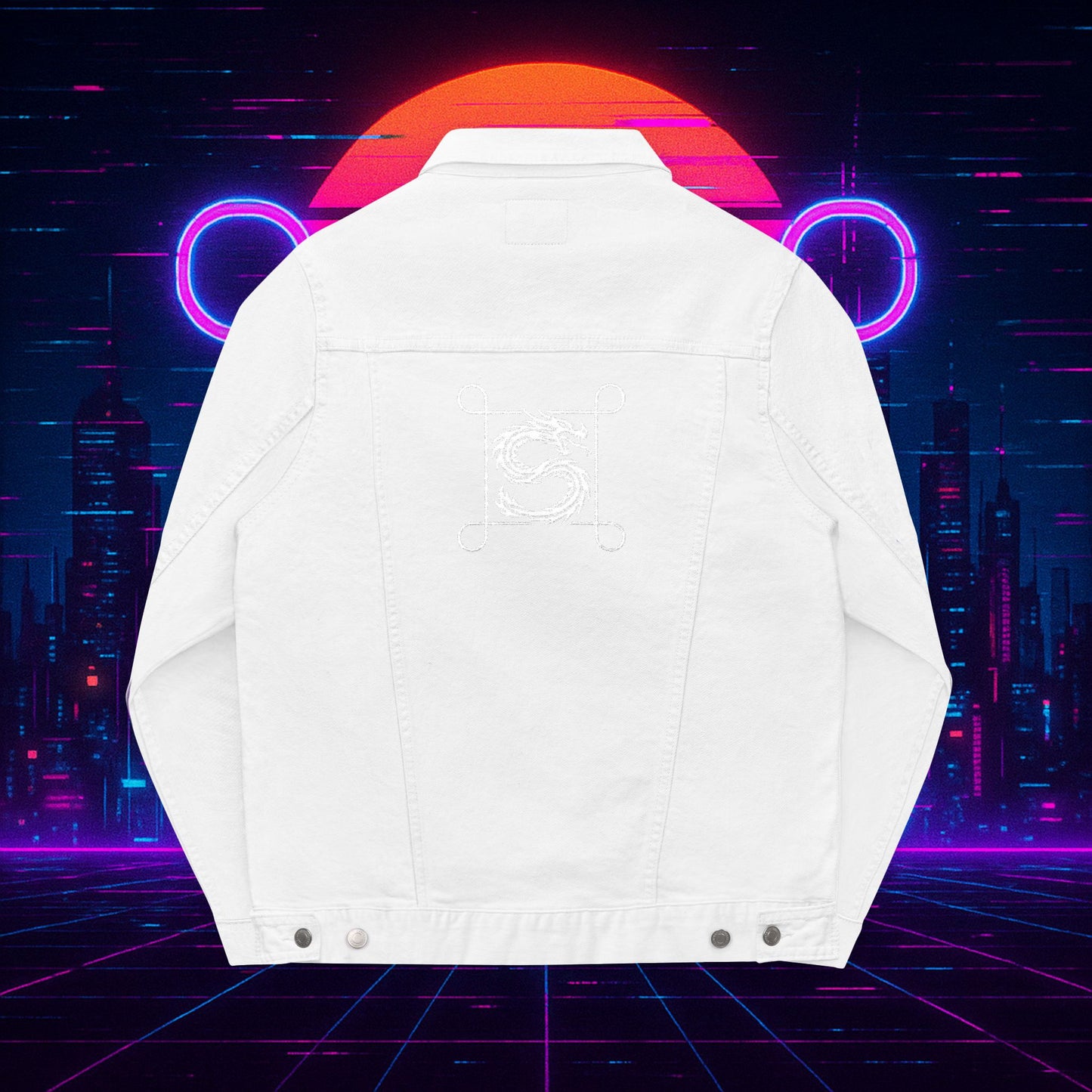 White Embroidered Street Dragon Unisex Denim Jacket