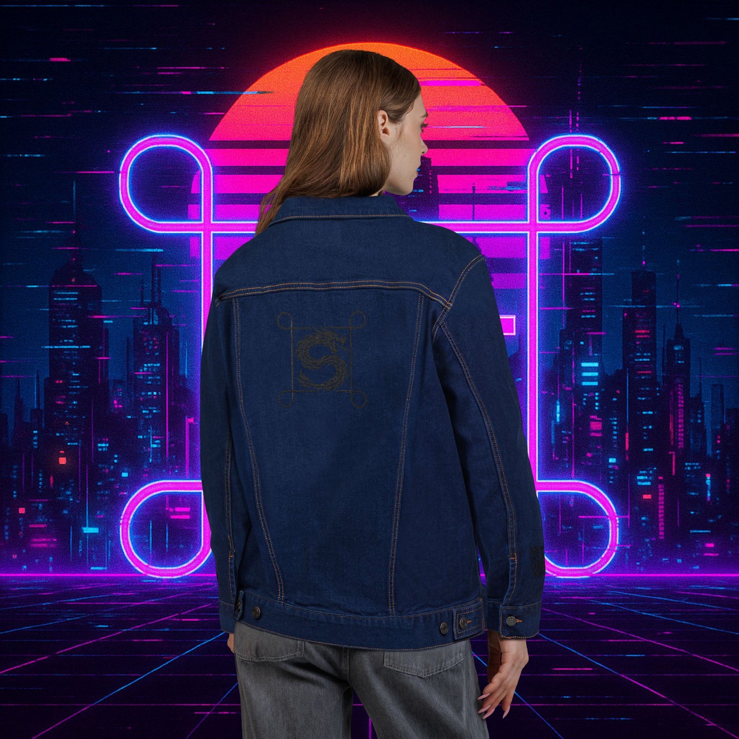 Black Embroidered Street Dragon Unisex Denim Jacket