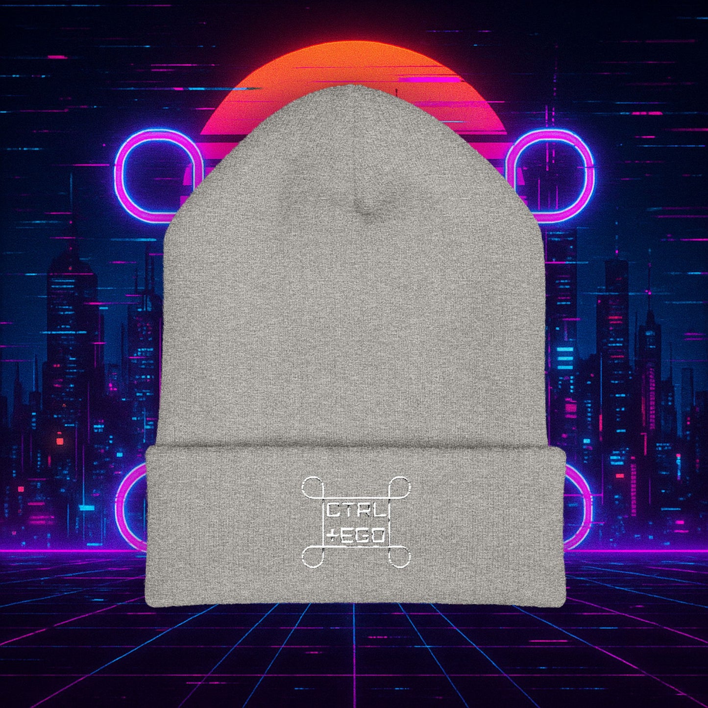 CTRL + EGO White Embroidered Cuffed Beanie