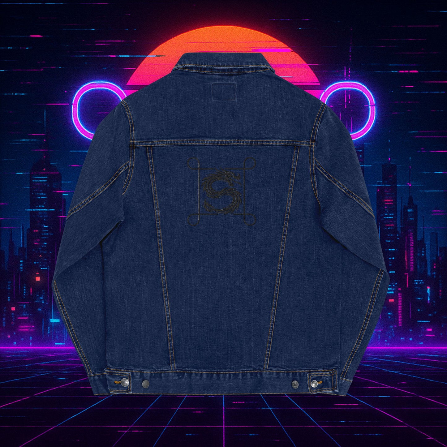 Black Embroidered Street Dragon Unisex Denim Jacket