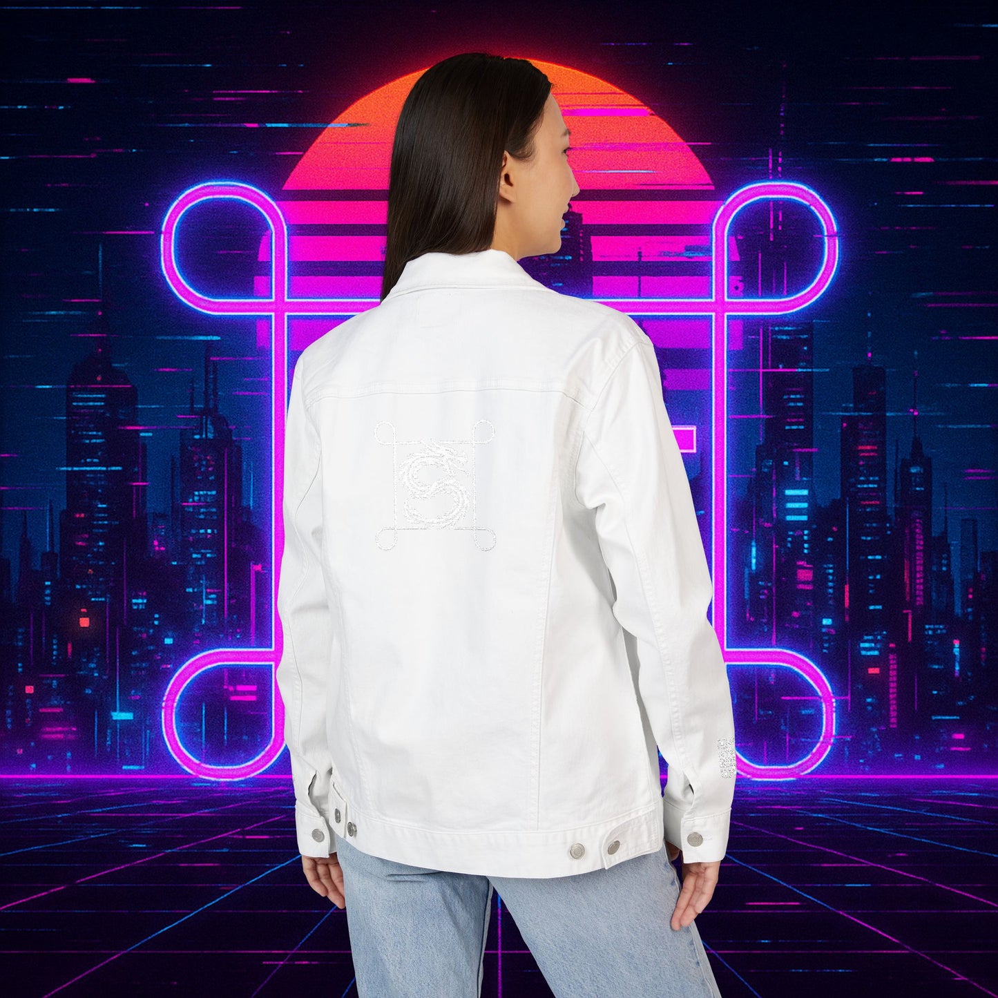 White Embroidered Street Dragon Unisex Denim Jacket