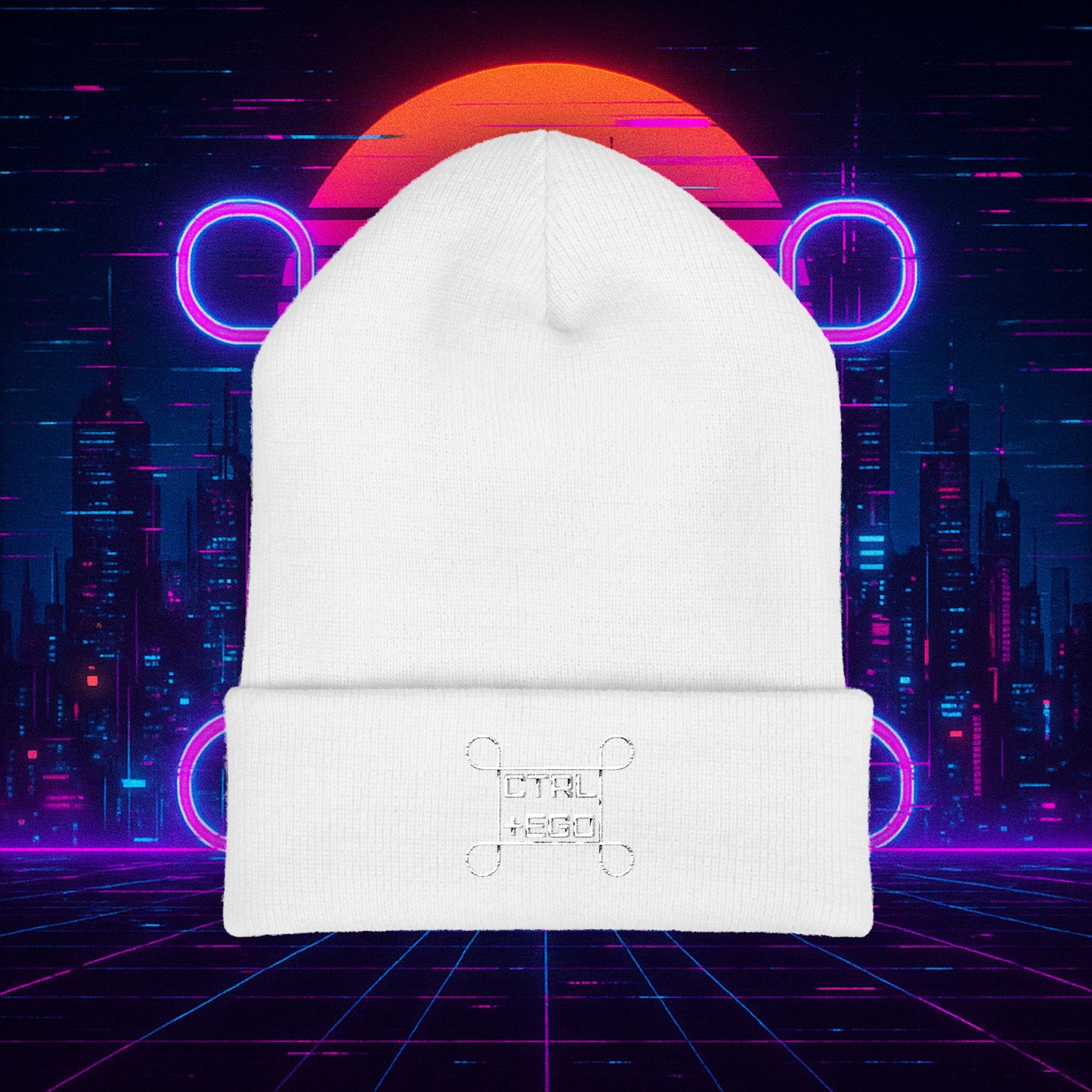 CTRL + EGO White Embroidered Cuffed Beanie
