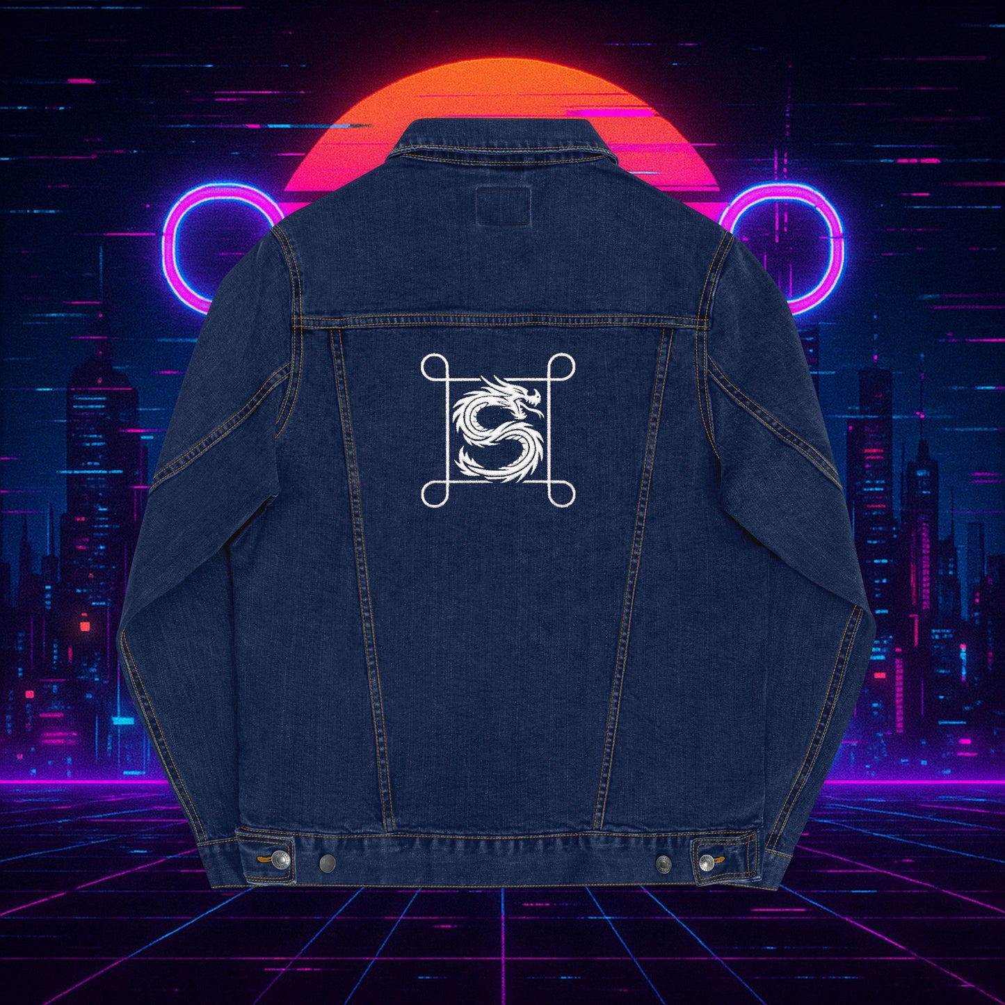 White Embroidered Street Dragon Unisex Denim Jacket