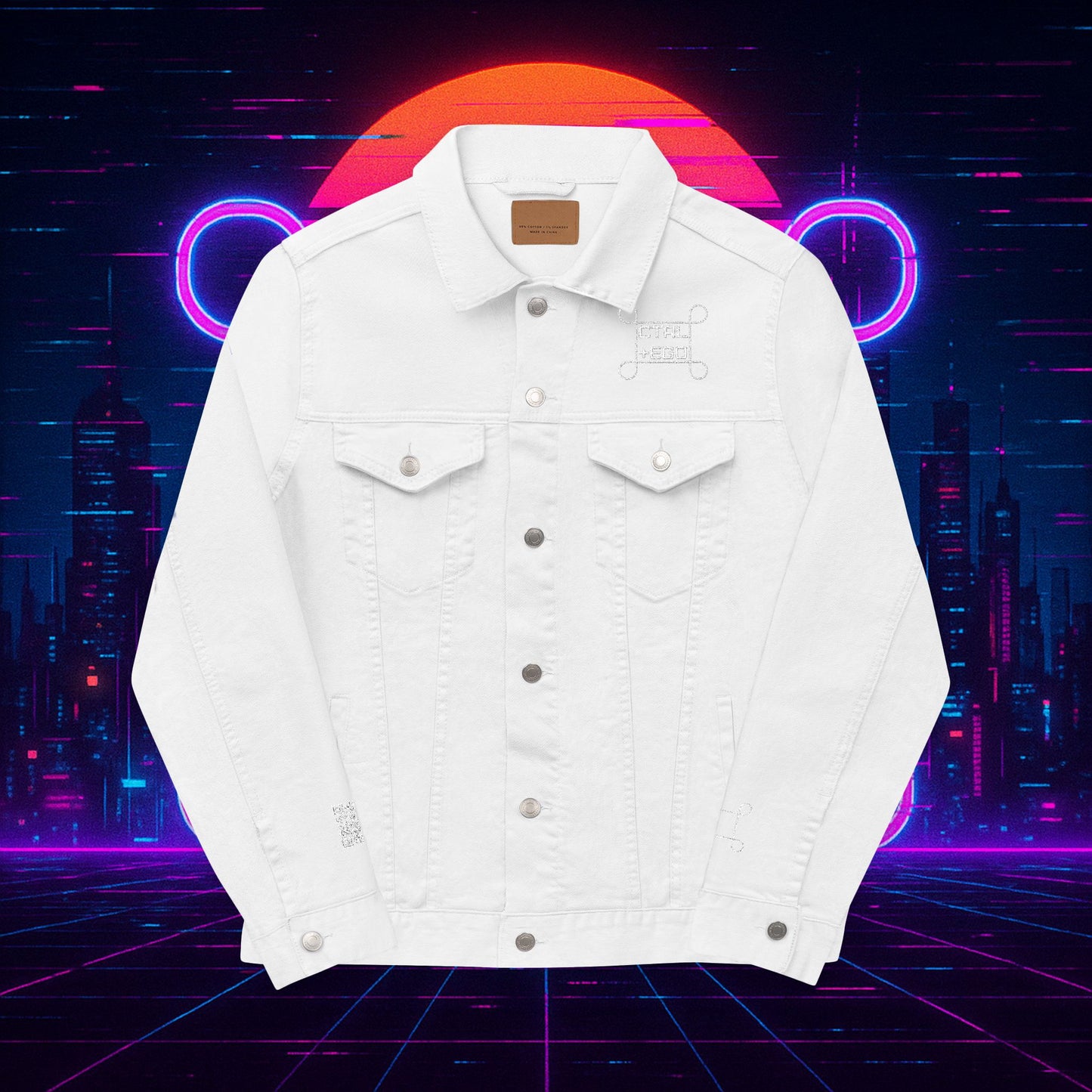 White Embroidered Street Dragon Unisex Denim Jacket